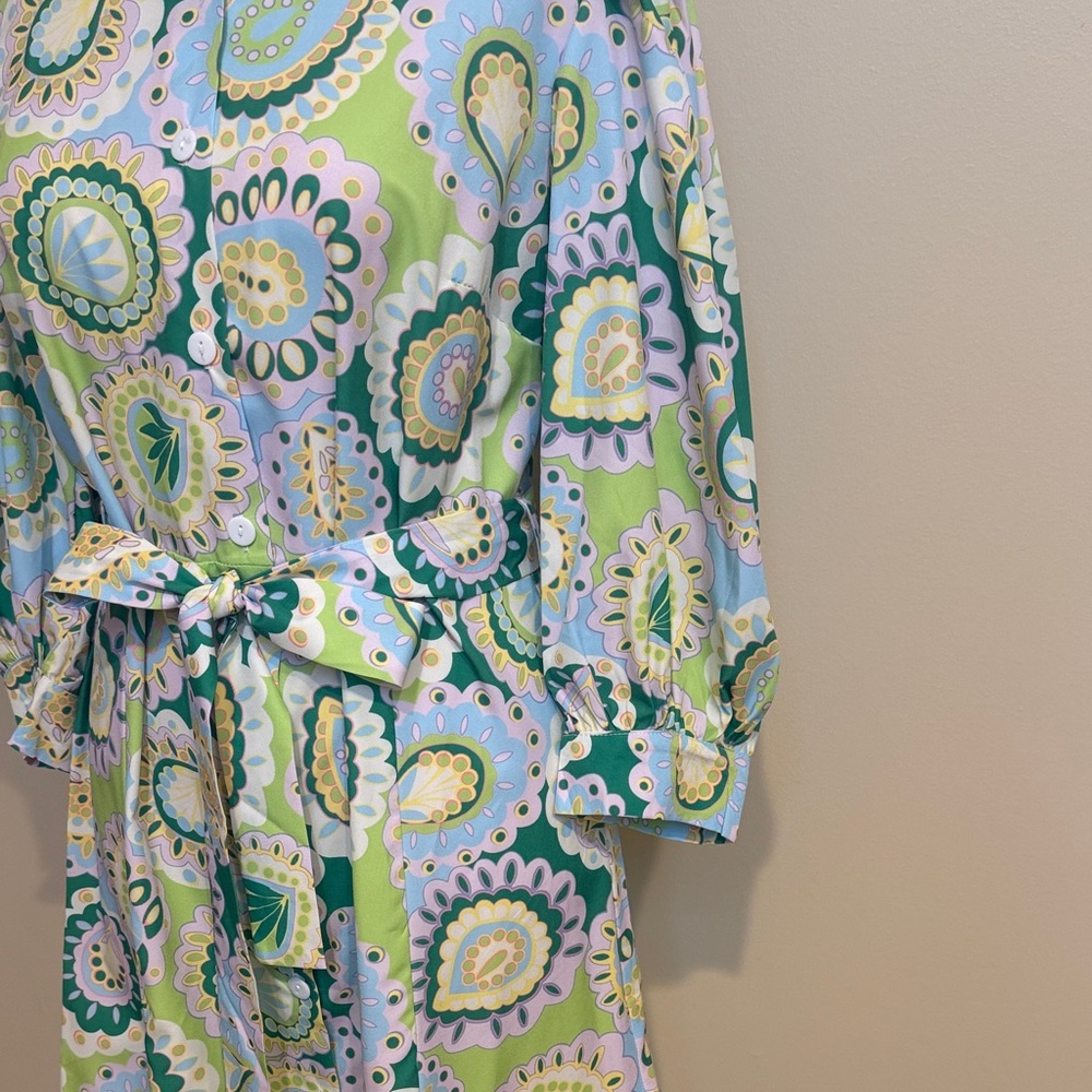 SundayUp Belted Paisley Shirt Dress Size M Retro Mod Pastel Green Blue Lilac - Picture 5 of 8
